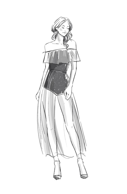 Modevektorillustration eines jungen Mädchens in einem transparenten Kleid