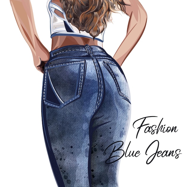 Vektor modevektorillustration mit dem mädchen, das in blue jeans zurückbleibt