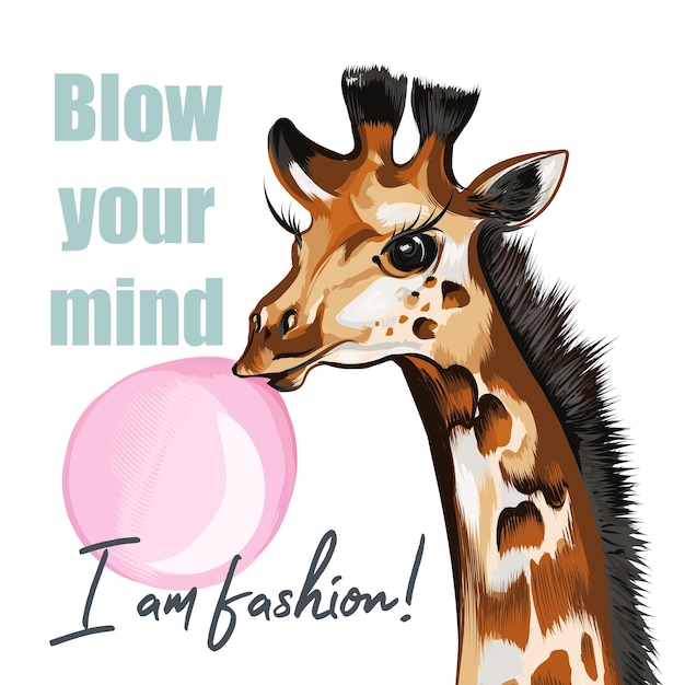 Modevektorillustration mit Giraffe und Kaugummi blasen Sie um