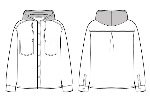 Vektor modische flache technische zeichnungsschablone für kapuzenhemden