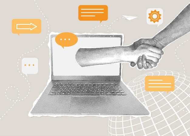 Modische Halftone-Collage Online-Handschütteln digitale Partnerschaft Online-Verhandlung Konzeptvereinbarung