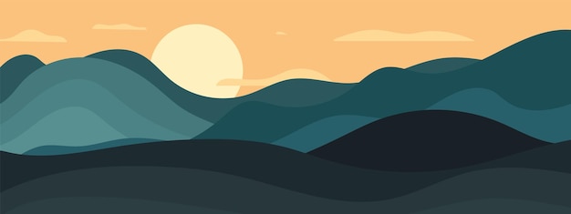 Modischer abstrakter Hintergrund Sonnenaufgang in den Bergen Flachstil Landschaft minimalistische Wellen Hügel und Wolken Zeitgenössische Vektorgrafik