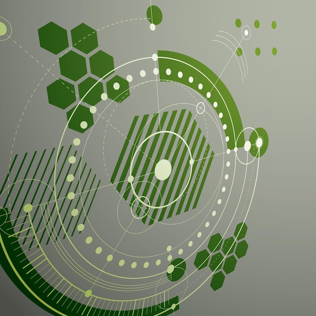 Vektor modularer bauhaus 3d-vektorhintergrund, erstellt aus geometrischen figuren wie kreisen und linien. bestens geeignet als werbeplakat oder bannerdesign. grünes abstraktes mechanisches schema.
