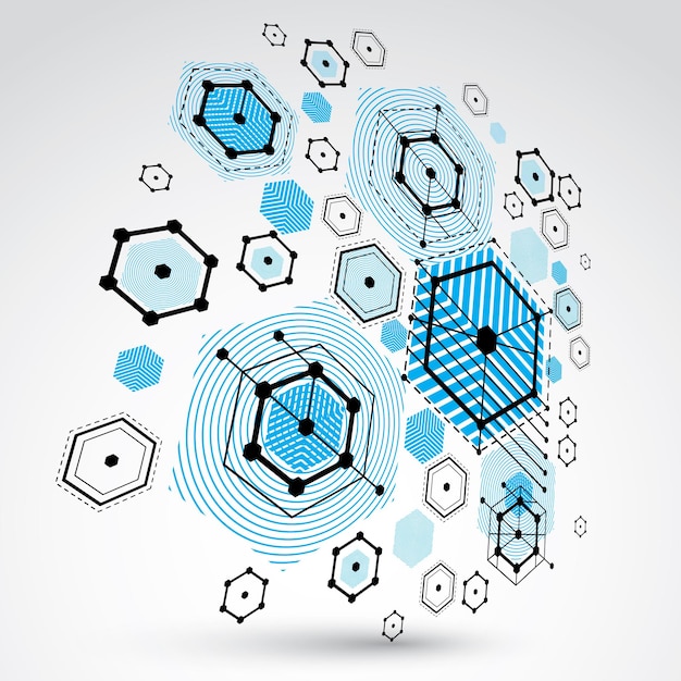 Modularer bauhaus 3d-vektorhintergrund, erstellt aus geometrischen figuren wie sechsecken, kreisen und linien. zur verwendung als werbeplakat oder bannergestaltung. abstraktes mechanisches schema in blauer farbe.