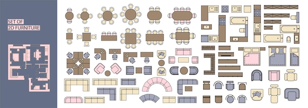 Möbel für den grundriss top-view-tische betten stühle sofas schränke usw. vektor