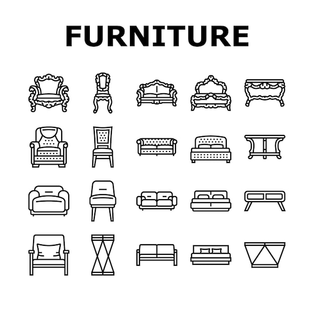 Vektor möbel, luxus-interieur, heim-symbole, set, vektor, modernes zimmer, haus, wohnung, deko, lebensstil, stil, wohnzimmer, sofa, boden, tisch, möbel, luxus-interieur, zuhause, schwarze konturillustrationen
