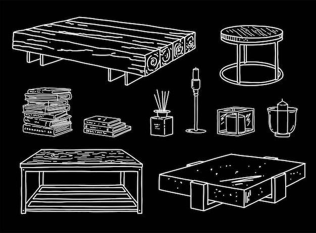 Möbel-vektorset mit tischbuch und kerze industrielle innendetails und dekor