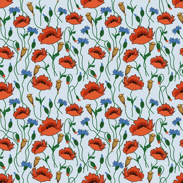 Vektor mohn und maisblumen mit blauem muster