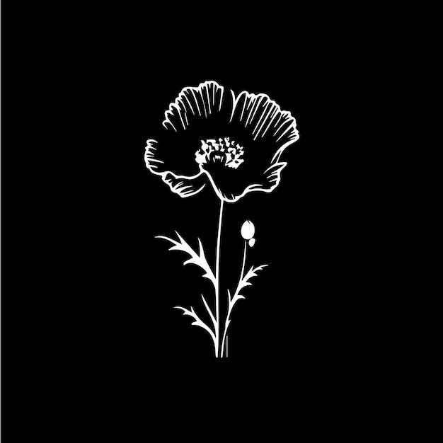 Mohnblumen-logo-vorlage, weißes symbol der blüte, mohnblütenblätter, silhouette auf schwarzem hintergrund, boutique-logo, konzept, kosmetisches emblem, tätowierung, vektorillustration