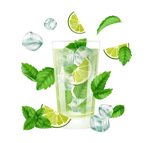 Mojito Cocktail. Sommergetränk mit Eis, Limette und Minze. Realistische kalte Cocktails der Saison.