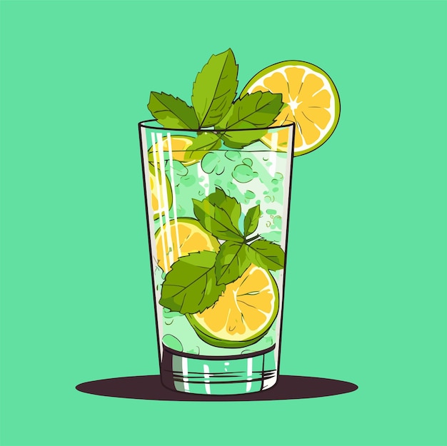 Mojito in einem Glas Alkohol oder alkoholfreier Cocktail Klassischer Cocktail mit Limettenminze und Eisvektorillustration