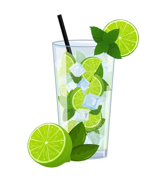 Mojito in einem Glas mit Schlauch zum Trinken Lemonade erfrischendes Getränk isoliert auf weißem Hintergrund