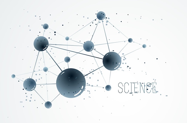 Moleküle, Vektor, abstrakter Hintergrund, 3D-Dimensionswissenschaft, Chemie und Physik, Designelement, Atome und Partikel, Mikro-Nano-wissenschaftliche Illustration.