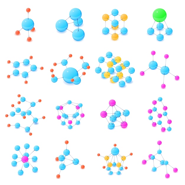 Molekülikonen eingestellt. Isometrische Illustration von 16 Molekülvektorikonen für Netz