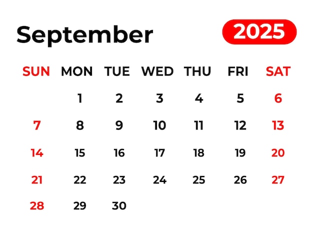 Vektor monatlicher kalenderentwurf für september 2025 in sauberem aussehen