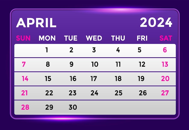 Monatliches modernes kalenderdesign für april 2024 mit glänzendem glanz in violettem farbton