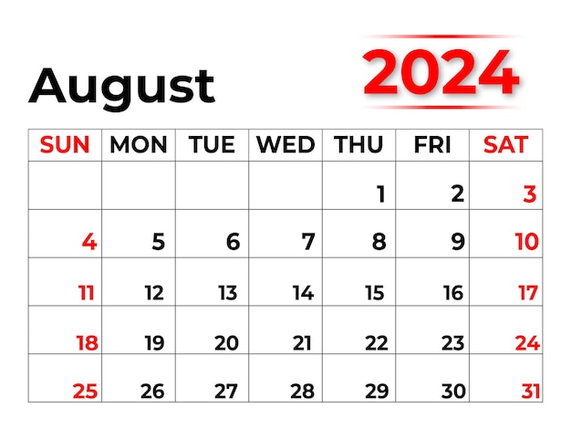 Monatskalender für August 2024 Woche beginnt am Sonntag