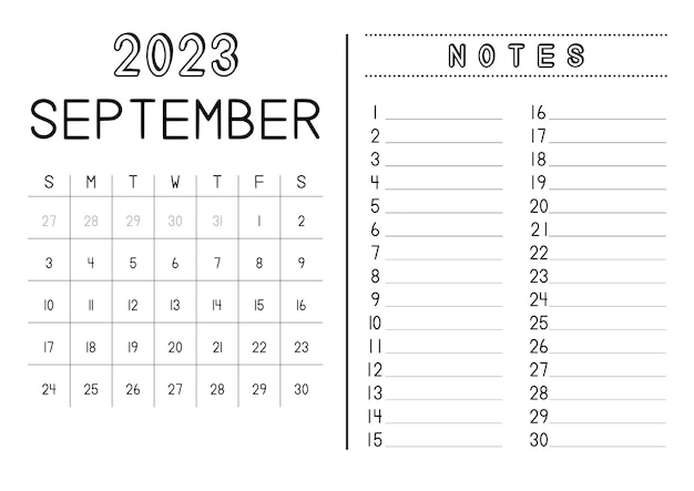 Vektor monatskalender september 2023