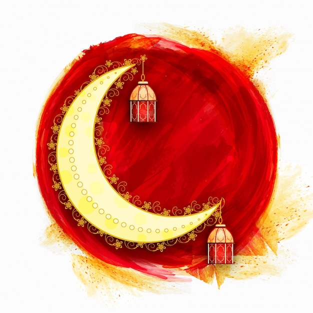 Mond mit arabischen lampen auf rotem kreis