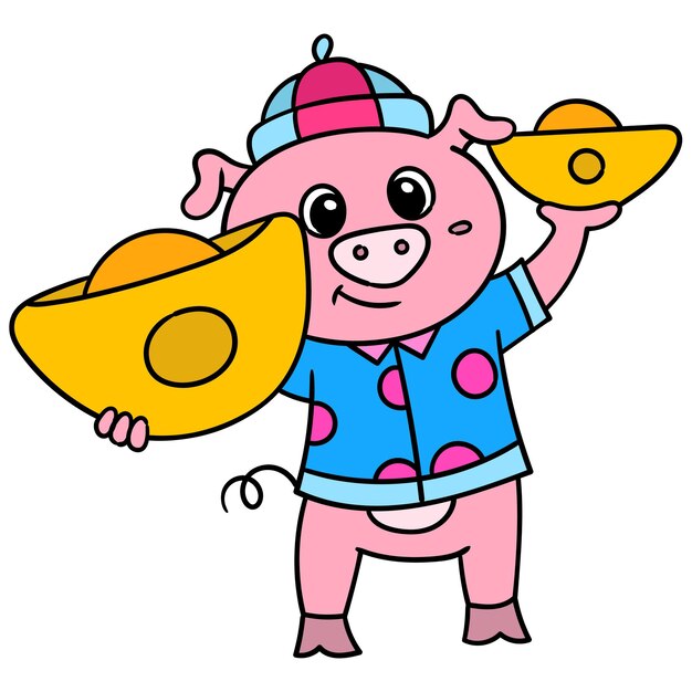 Mondfeierschweine, die schätze aus goldbarren tragen, gekritzel zeichnen kawaii. illustrationskunst