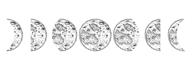 Mondphasen eingestellt. handgezeichneter erdsatellitenmond. abstrakter planetenball. vektorskizze