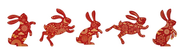 Mondtierkreiskaninchen niedliche häschenikonentiere mit traditionellem chinesischem muster