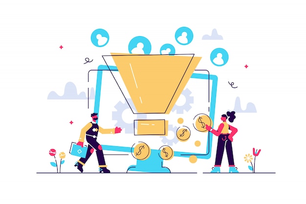 Monetarisierungstipps. Strategie zur Steigerung der Conversion-Raten. Anhänger anziehen. Generieren Sie neue Leads, identifizieren Sie Ihre Kunden, SMM-Strategiekonzept. Helle lebendige violette isolierte Illustration