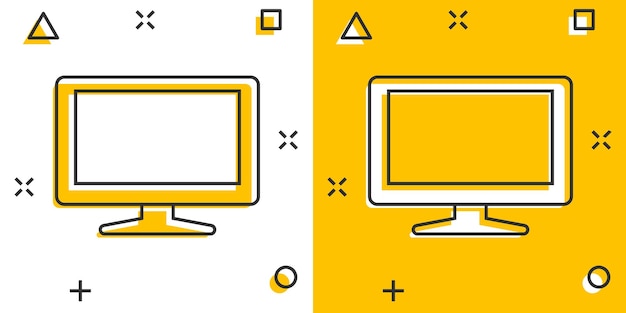 Monitor-symbol im comic-stil fernseh-cartoon-zeichen-vektor-illustration auf weißem, isoliertem hintergrund display-splash-effekt-geschäftskonzept