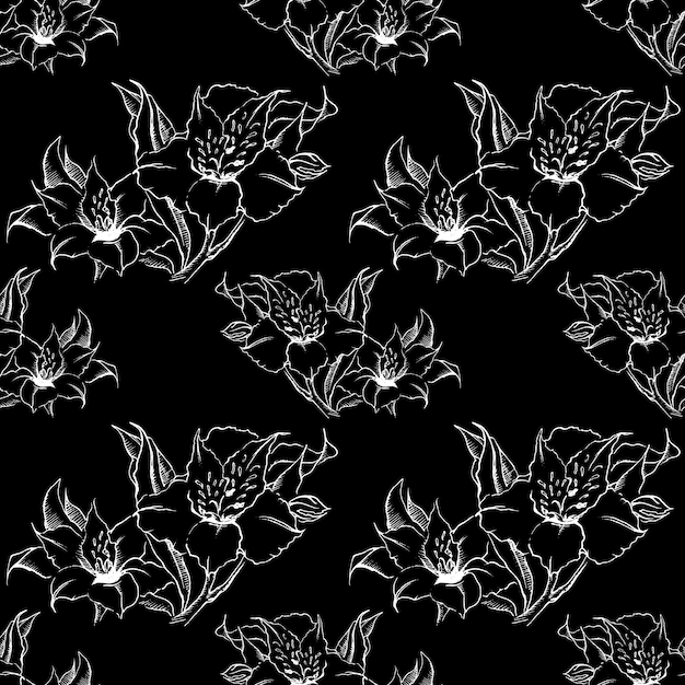 Monochrome Alstroemeria floral nahtlose Muster Textur Hintergrund Vektor