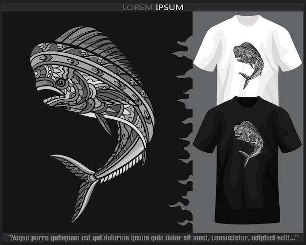 Monochrome farbe mahi mahi fisch-mandala-kunst isoliert auf schwarz-weißem t-shirt