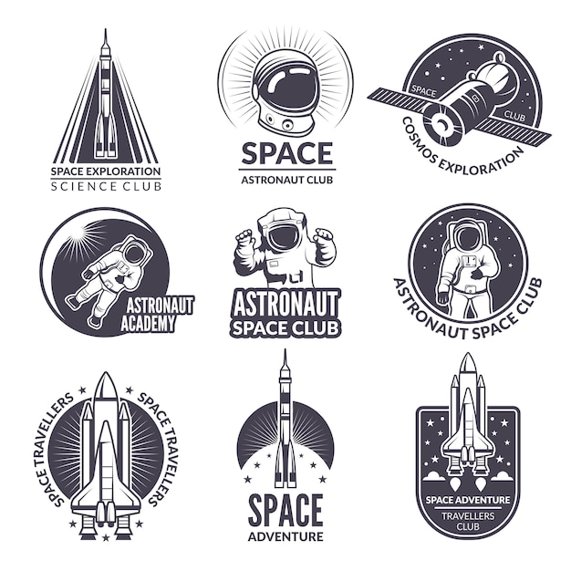Monochrome Illustrationen von Space Shuttle und Astronauten für Etiketten und Abzeichen