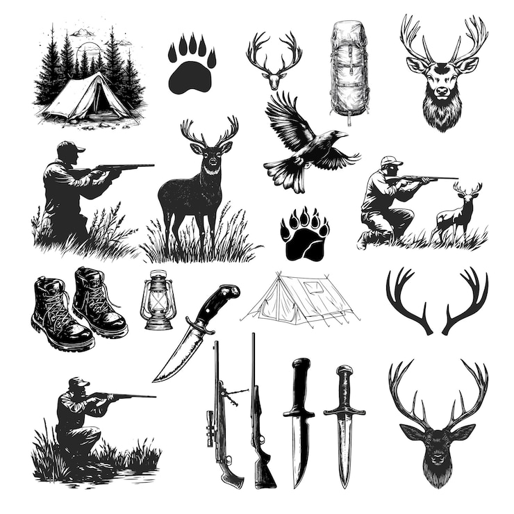 Vektor monochrome jagd silhouette elemente für die jagd vintage t-shirt logo lavel abzeichen design