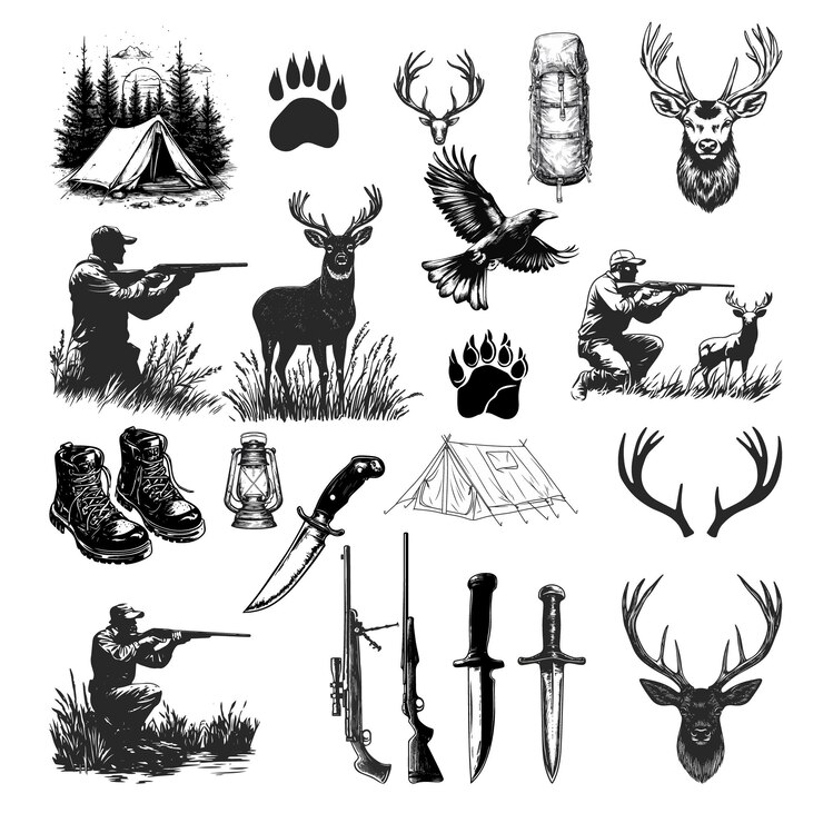 Monochrome Jagd Silhouette Elemente für die Jagd Vintage T-Shirt Logo Lavel Abzeichen Design