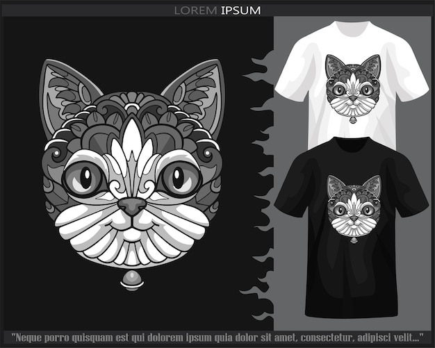 Vektor monochrome katzen-mandala-kunst isoliert auf schwarz-weißem t-shirt