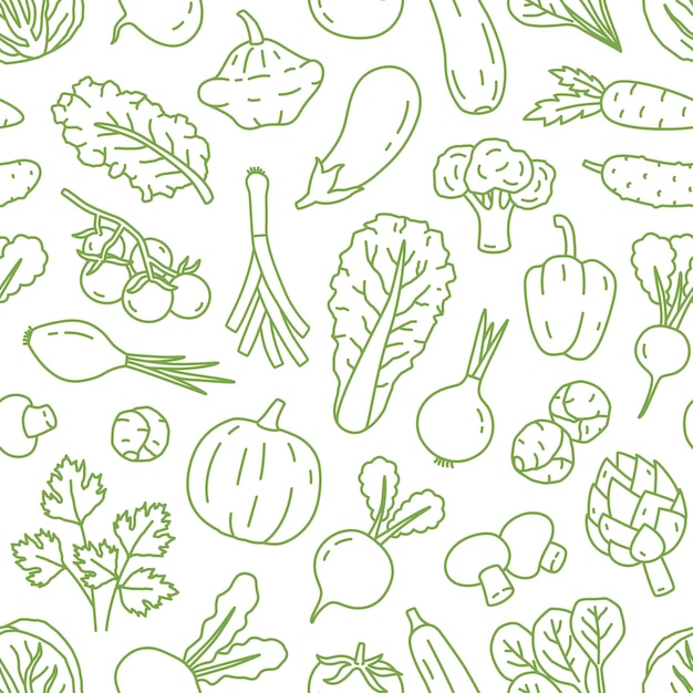 Monochrome linienkunst, nahtloses muster mit verschiedenen bio-gemüsen. wiederholbarer hintergrund mit gesundem gemüse und salat. vektorlineare illustration.