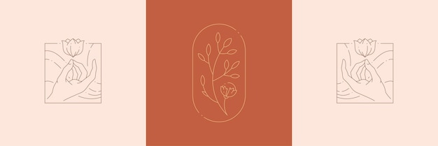 Monochrome strichzeichnungen florales dekoratives design schönheitssalon wellness studio hochzeitskarte set vektorgrafik einfaches lineares logo mit händen, die lotusblüte antiken baumzweig am kreisrahmen halten