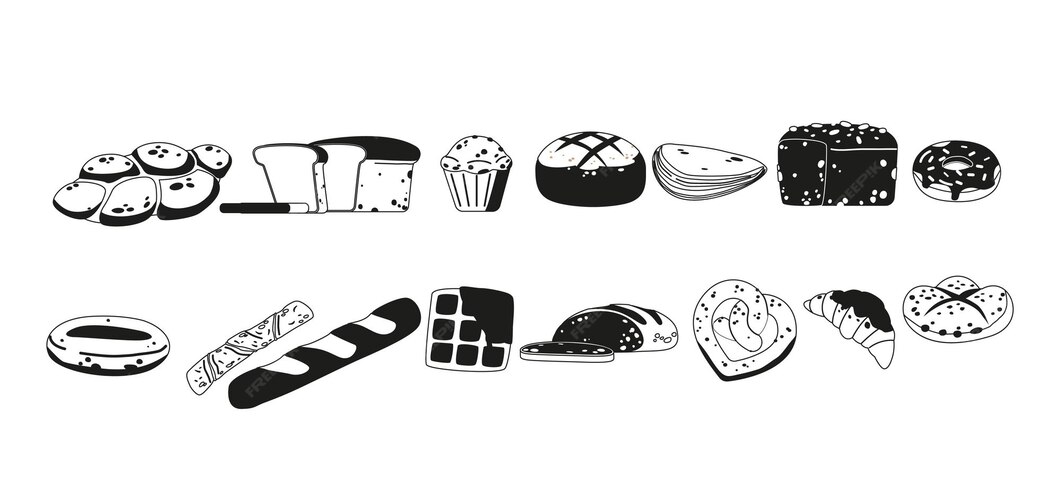 Monochrome Symbole oder Piktogramme für Backwaren mit einer Auswahl an ...