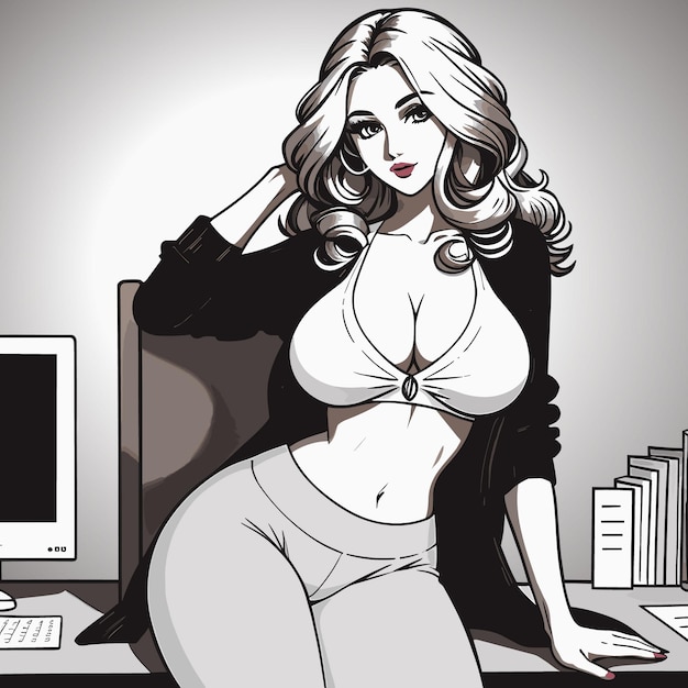 Vektor monochrome vektorillustration schöne frau in einem büro