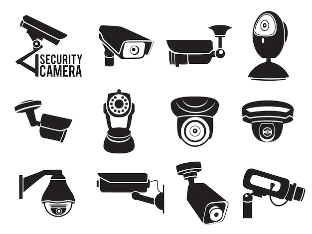 Monochrome vektorillustrationen von sicherheitsvideokameras cctv-system private control monitoring illustration