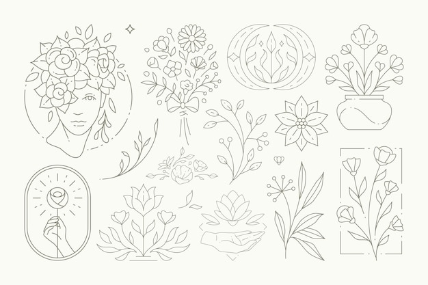 Monochromes einfaches logo esoterische botanische feminine sammlung lineares emblem für dekorative design-grußkarte, hochzeitseinladung, gartenbauernhof, blumenladenmarkt, beauty-spa-vektorillustration