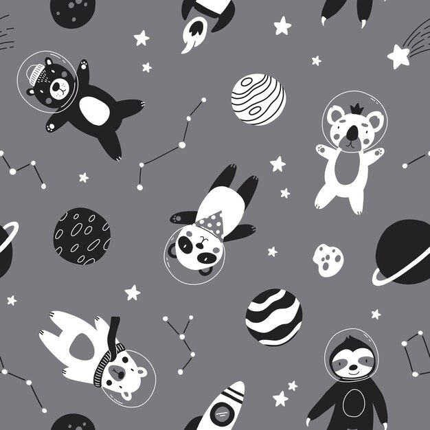 Monochromes, nahtloses muster mit niedlichen bären-astronauten im weltraum, planeten, sterne, rakete und konstellation. skandinavischer stil, flaches schwarz-weiß-design brauner eis- und pandabär, faultier und koala