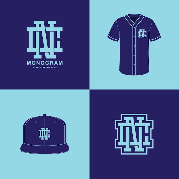 Monogramm sport und platteninitiale cn oder nc für kleidung, bekleidung auf t-shirt und snapback-mockup-design