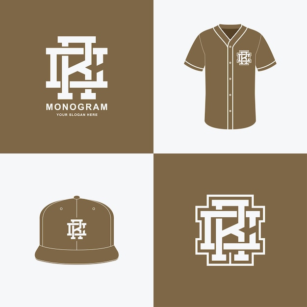 Monogrammsport und platteninitiale cr oder rc für kleidung, bekleidung auf t-shirt und snapback-mockup-design