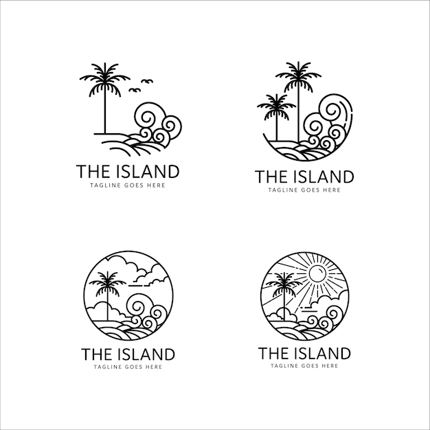 Monoline-design der tropischen insel-logo-kollektion