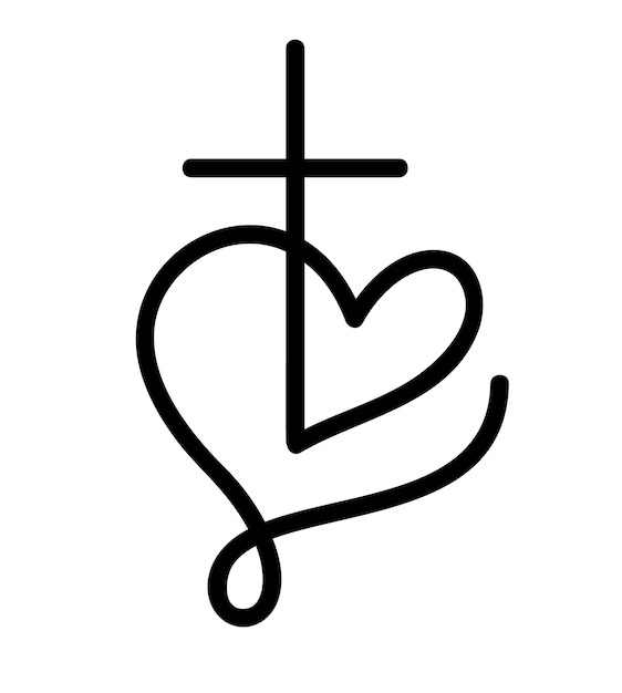 Monoline schwarz Vektor christliches Logo Herz mit Kreuz isoliert auf Hintergrund handgezeichnete minimalistische Religion