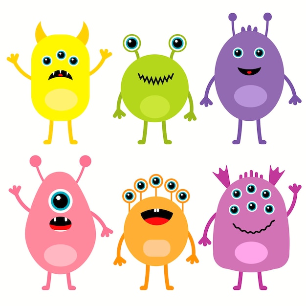 Monster bunte runde Silhouette Symbol super große Set Linie Augen Zunge Zahnfang Hände hoch Niedlicher Cartoon gruseliger lustiger Babycharakter Weißer Hintergrund