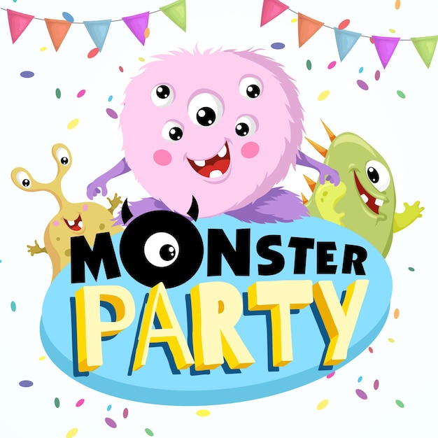 Vektor monster-party-banner-vorlage mit lustigen monstern alles gute zum geburtstag gruß- oder einladungs-design-vorlage für jubiläum im cartoon-stil vektor-illustration