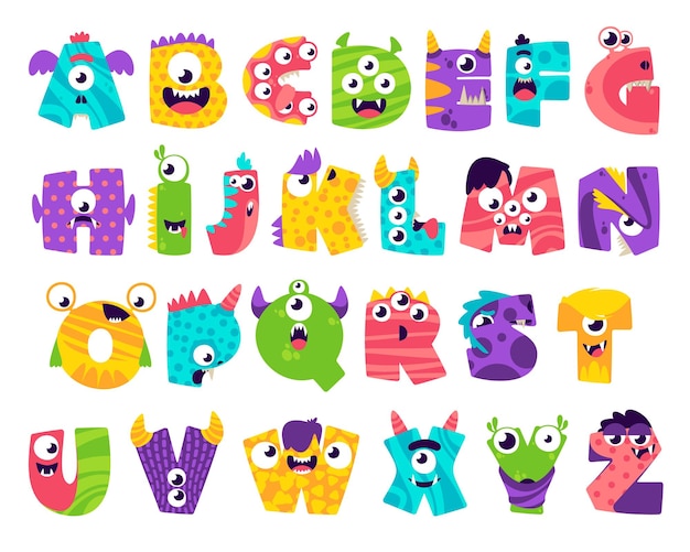 Vektor monster-schrift doodle-alphabet mit niedlichen beängstigenden monstern cartoon bunte fremde buchstaben für kinder schulbildung vektor-set spielerische comic-charaktere mit augenzähnen hörner zum lernen