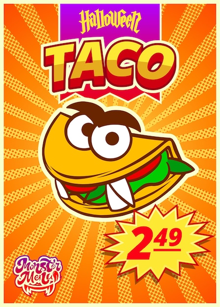 Monstermenü mit vertikalem banner mit mexikanischen tacos mit preisschild für halloween-vektor-clipart