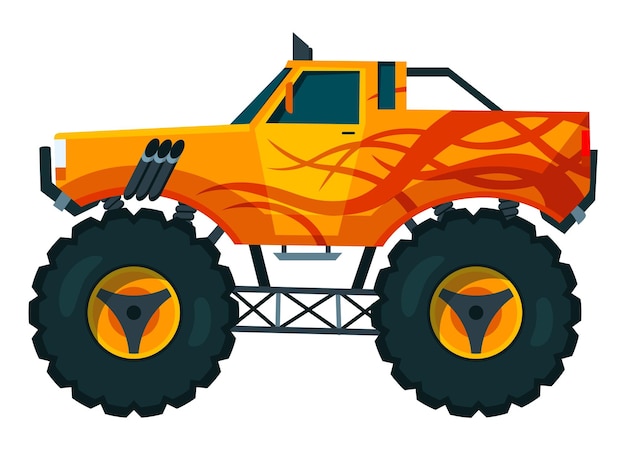 Monstertruck helles buntes cartoon-auto mit großen rädern schweres auto mit großen reifen und schwarz getönten fenstern isoliertes rallye-4x4-computer- oder handyspiel